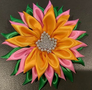 GOLD & PINK Silk Flower Brooch with Rhinestone AKA Ivy