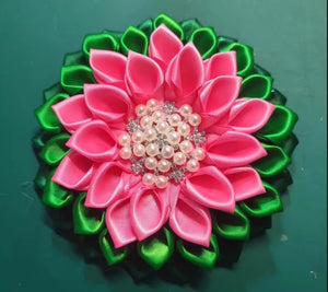 PINK/GREEN SILK FLOWER BROOCH