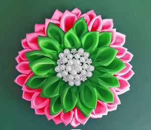 GREEN/PINK SILK FLOWER BROOCH